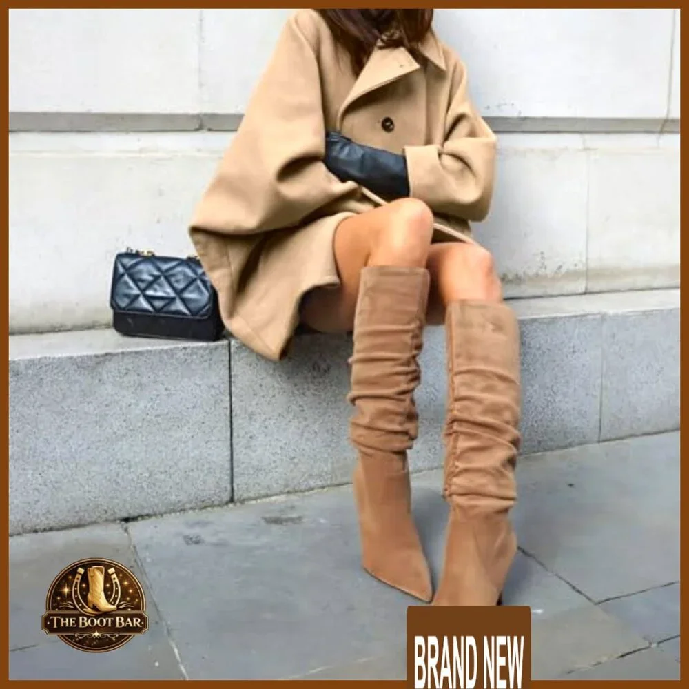 Knee High Boots Wide Calf Slouchy Tall Kitten Heel Pointed Toe Side Zipper - Picture 2 of 7